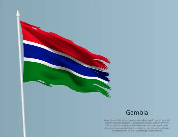 Vector illustration of Ragged national flag of Gambia. Wavy torn fabric on blue background