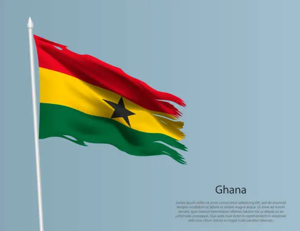 Vector illustration of Ragged national flag of Ghana. Wavy torn fabric on blue background