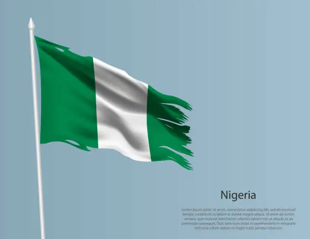 Vector illustration of Ragged national flag of Nigeria. Wavy torn fabric on blue background