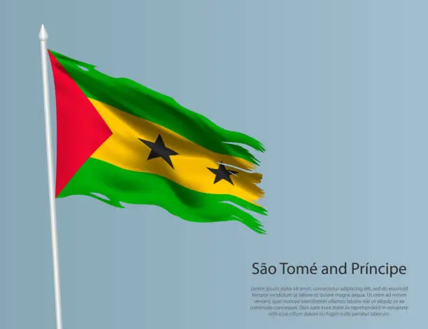 Vector illustration of Ragged national flag of Sao Tome. Wavy torn fabric on blue background