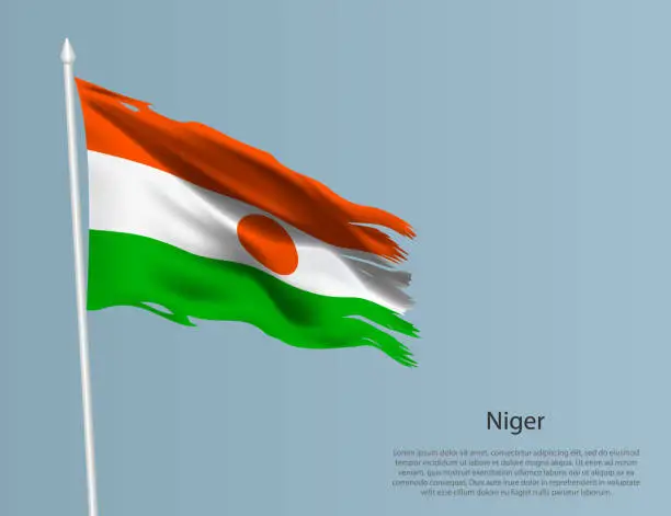 Vector illustration of Ragged national flag of Niger. Wavy torn fabric on blue background