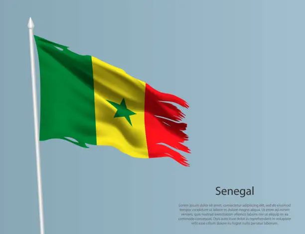 Vector illustration of Ragged national flag of Senegal. Wavy torn fabric on blue background