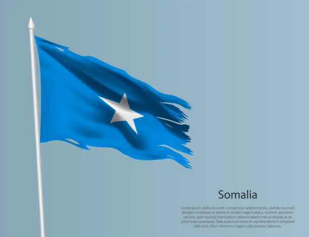 Vector illustration of Ragged national flag of Somalia. Wavy torn fabric on blue background