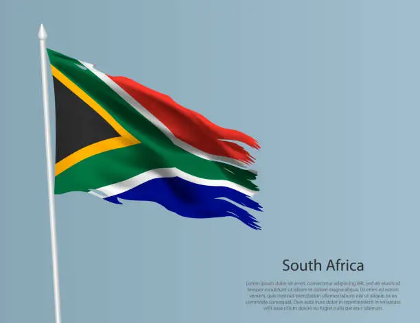 Vector illustration of Ragged national flag of South Africa. Wavy torn fabric on blue background