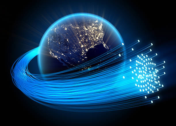 Fiber optic cables around Earth, USA nightlights Fiber optic cables around Earth, USA nightlights fast paced world stock pictures, royalty-free photos & images