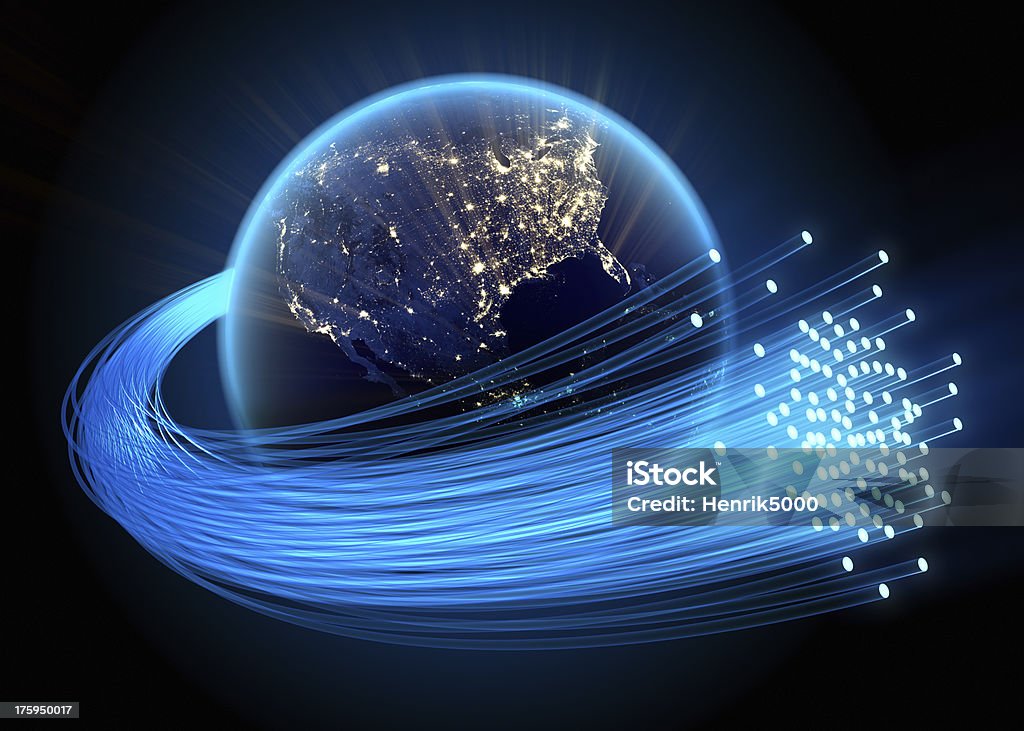 Волоконно-оптический кабель вокруг Земли, США Ночники - Стоковые фото Оптоволокно роялти-фри