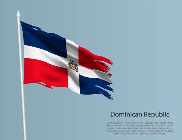 Vector illustration of Ragged national flag of Dominican Republic. Wavy torn fabric on blue background.