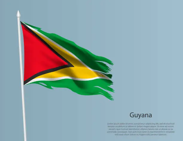 Vector illustration of Ragged national flag of Guyana. Wavy torn fabric on blue background.