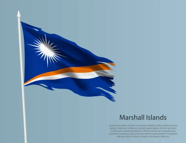 Vector illustration of Ragged national flag of Marshall Islands. Wavy torn fabric on blue background.