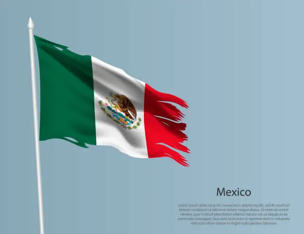 Vector illustration of Ragged national flag of Mexico. Wavy torn fabric on blue background.