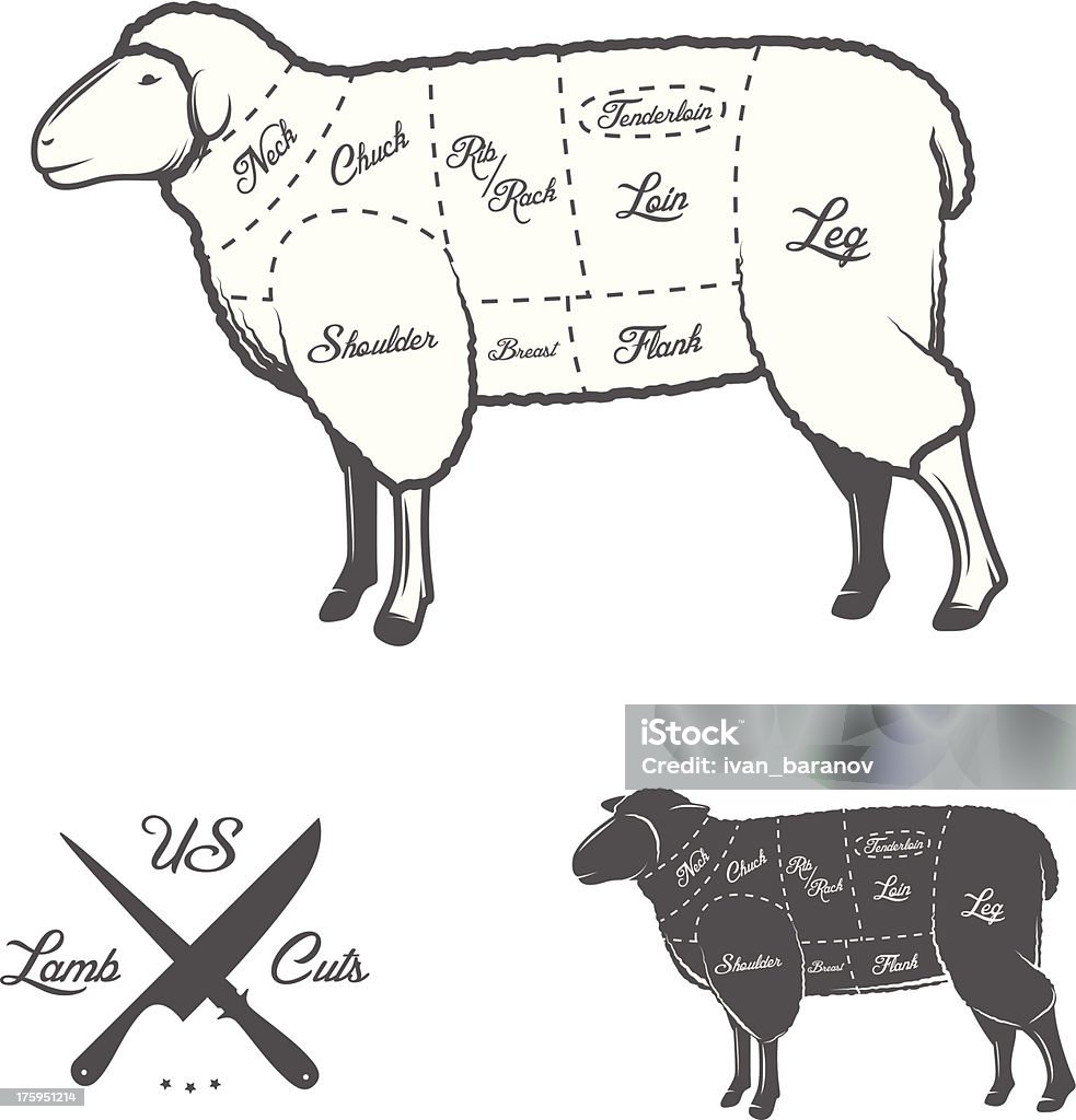 American (US) Steaks, Lamm oder Schaf Diagramm - Lizenzfrei Altert�ümlich Vektorgrafik