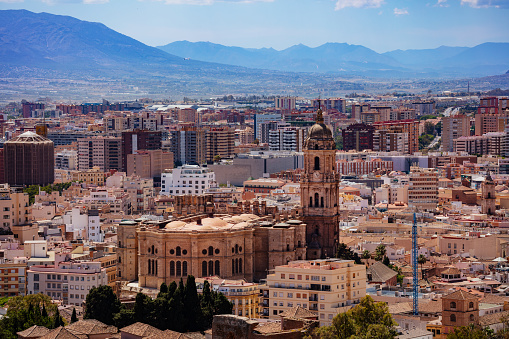 Panorama of downtown and Cathedral of Malaga Roman Catholic church, Andalusia in southern Spain
