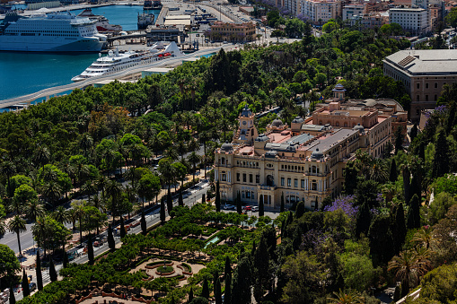 Malaga Park, Pedro Luis Alonso gardens, Paseo del Parque street and town hall, Spain