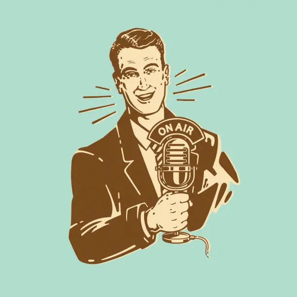 Vector illustration of On Air, Cheerful man with microphone