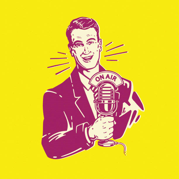 Cheerful retro ad man with microphone in hand.