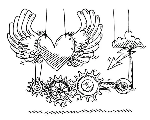 Vector illustration of Steampunk Heart Wings Gears Drawing