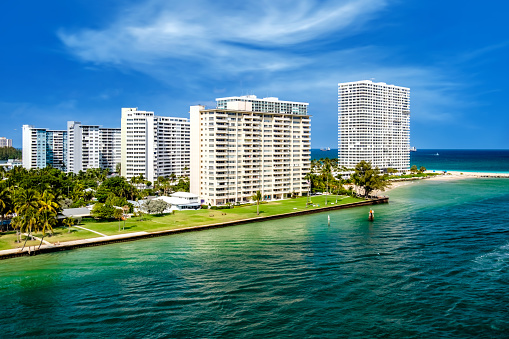View of the property lining the beach in Fort Lauderdale, Florida, USA.