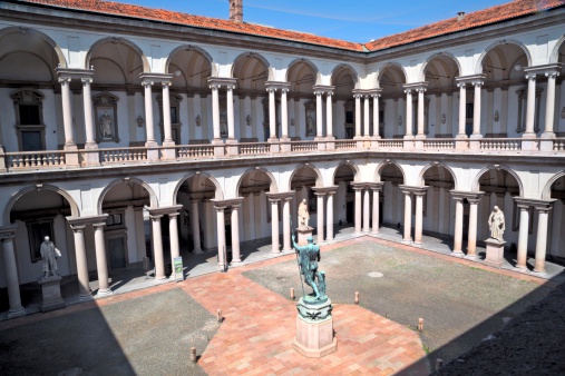 Internal courtyard of Pinacoteca di Brera, important museum of Milan, Italy