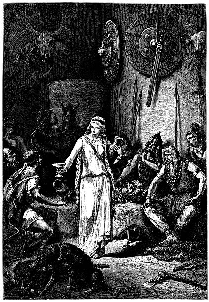 Gyptis Giving The Wine To Euxenes Engraving From 1869 Featuring The Gallic Woman, Gyptis Choosing To Marry The Greek Euxenes.   alliance nebraska stock illustrations