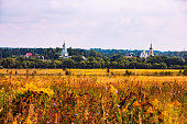 Landscape with a field, several Christian churches in the background, Russia.