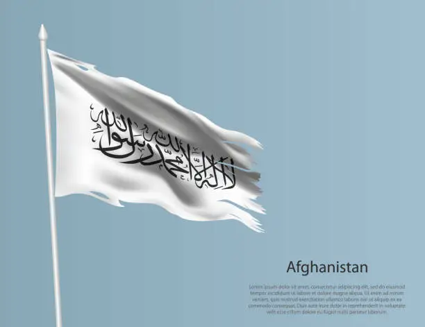 Vector illustration of Ragged national flag of Afghanistan. Wavy torn fabric on blue background