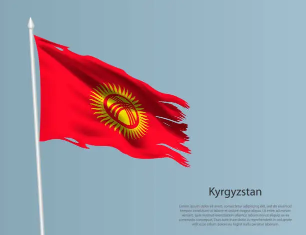 Vector illustration of Ragged national flag of Kyrgyzstan. Wavy torn fabric on blue background