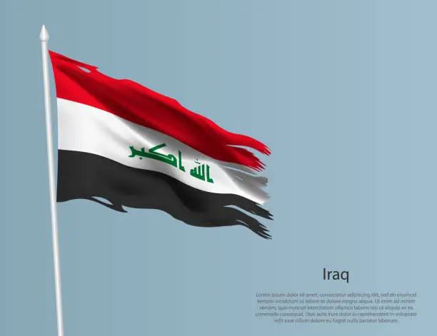 Vector illustration of Ragged national flag of Iraq. Wavy torn fabric on blue background