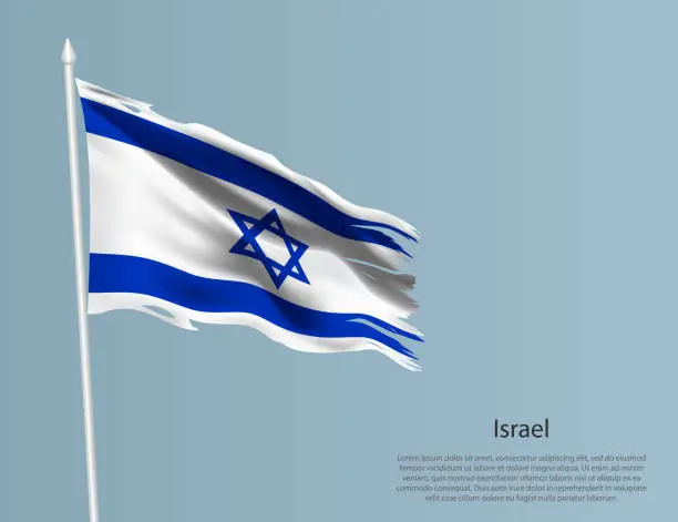 Vector illustration of Ragged national flag of Israel. Wavy torn fabric on blue background