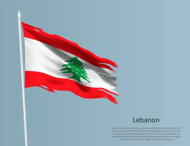 Vector illustration of Ragged national flag of Lebanon. Wavy torn fabric on blue background