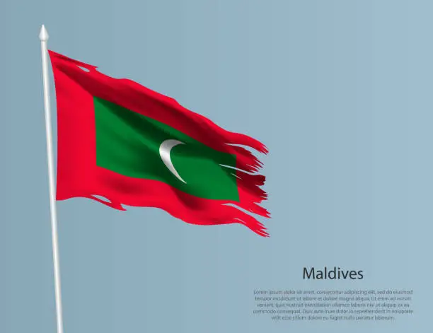 Vector illustration of Ragged national flag of Maldives. Wavy torn fabric on blue background