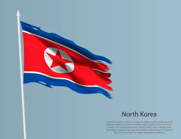 Vector illustration of Ragged national flag of North Korea. Wavy torn fabric on blue background