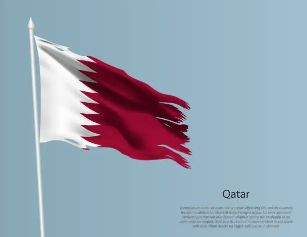 Vector illustration of Ragged national flag of Qatar. Wavy torn fabric on blue background