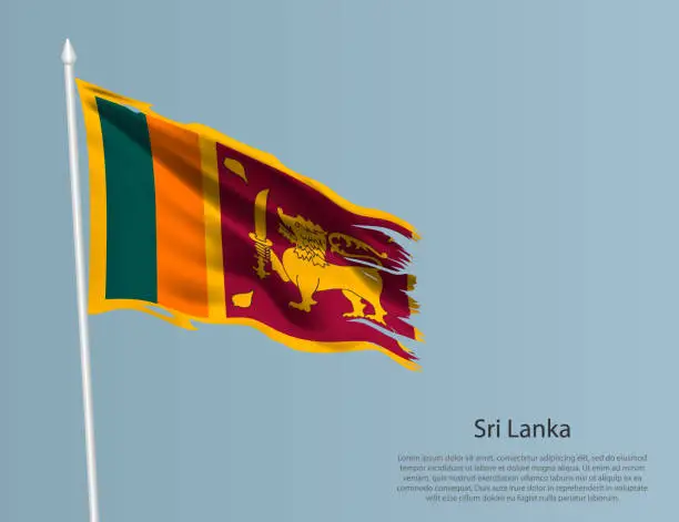 Vector illustration of Ragged national flag of Sri Lanka. Wavy torn fabric on blue background