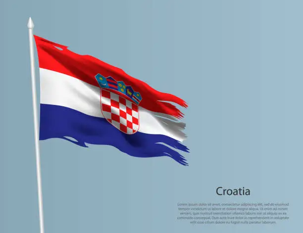 Vector illustration of Ragged national flag of Croatia. Wavy torn fabric on blue background