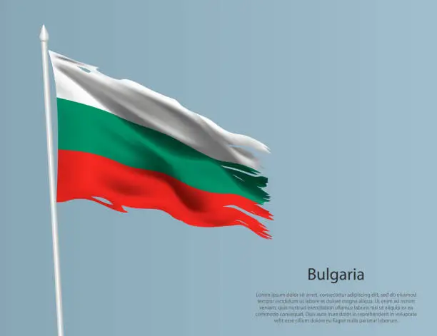 Vector illustration of Ragged national flag of Bulgaria. Wavy torn fabric on blue background