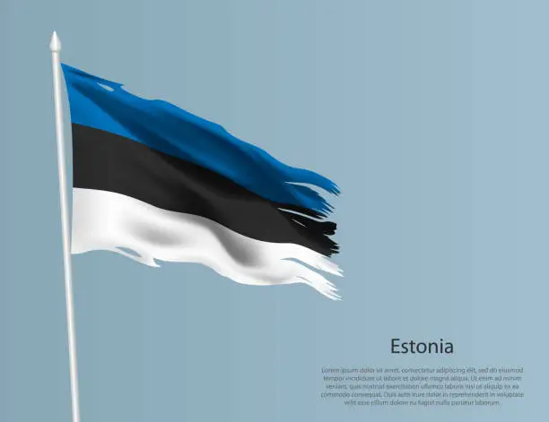 Vector illustration of Ragged national flag of Estonia. Wavy torn fabric on blue background