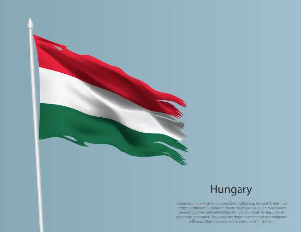 Vector illustration of Ragged national flag of Hungary. Wavy torn fabric on blue background