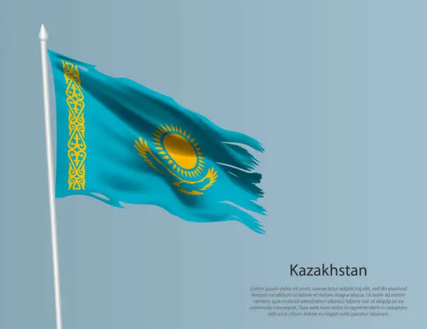 Vector illustration of Ragged national flag of Kazakhstan. Wavy torn fabric on blue background