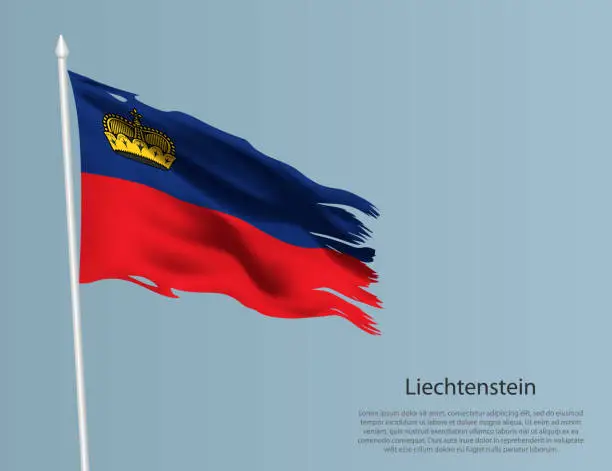 Vector illustration of Ragged national flag of Liechtenstein. Wavy torn fabric on blue background
