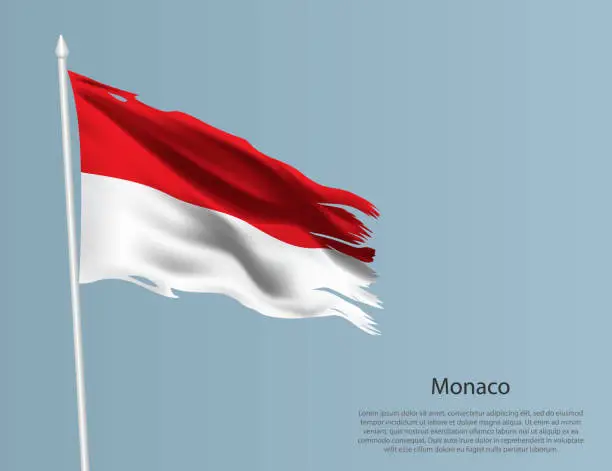 Vector illustration of Ragged national flag of Monaco. Wavy torn fabric on blue background