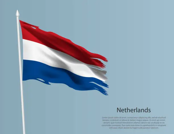 Vector illustration of Ragged national flag of Netherlands. Wavy torn fabric on blue background