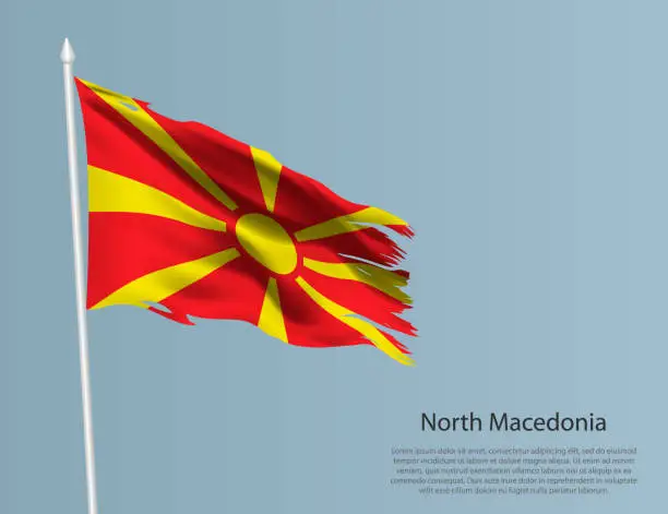 Vector illustration of Ragged national flag of North Macedonia. Wavy torn fabric on blue background