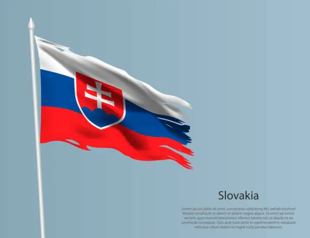 Vector illustration of Ragged national flag of Slovakia. Wavy torn fabric on blue background