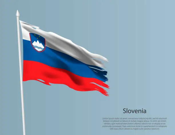 Vector illustration of Ragged national flag of Slovenia. Wavy torn fabric on blue background