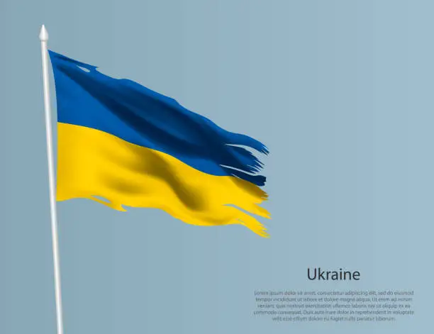 Vector illustration of Ragged national flag of Ukraine. Wavy torn fabric on blue background