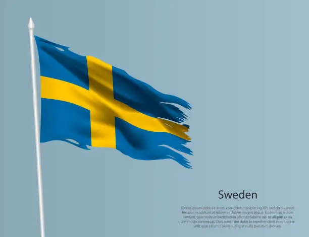 Vector illustration of Ragged national flag of Sweden. Wavy torn fabric on blue background