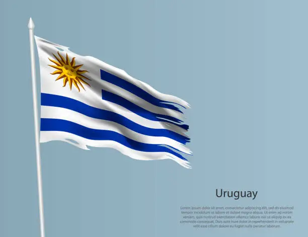 Vector illustration of Ragged national flag of Uruguay. Wavy torn fabric on blue background.