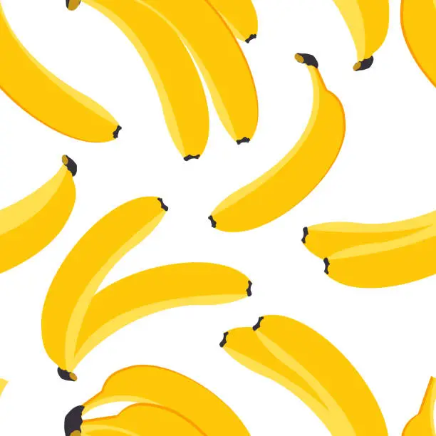 Vector illustration of Flying bananas on a white background form a cute seamless pattern for textiles. Vector.