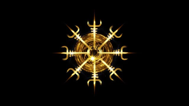 Animation of Viking Pagan Asatru Gold Compass, Vegvisir Celtic Circle Viking in motion. Video Norse Mythology Golden Protective talisman. Magical Navigator footage on the special effects
