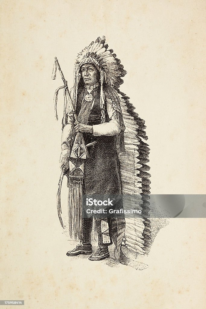 native american gravure de chef avec coiffe amérindienne et calumet - Illustration de Culture cherokee libre de droits